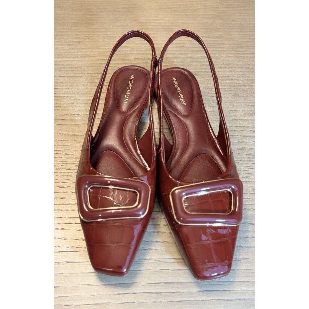 ANTONIO MELANI Marlow Croco Embossed Patent Leather Slingback Flats. Size 8
